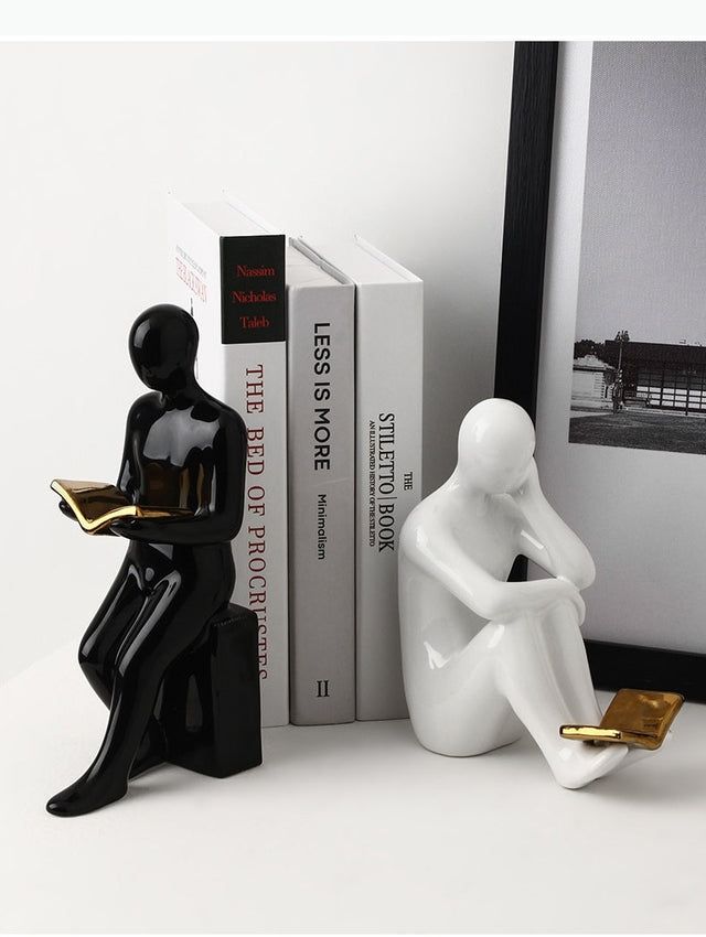 Ceramic Bookends Reader Shape Sculptures – Decorative Book Holder Set