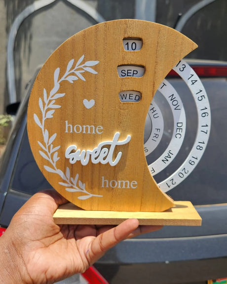 Wooden Creative Perpetual Calendar Desk Ornament with Manual Rotating Turntable.