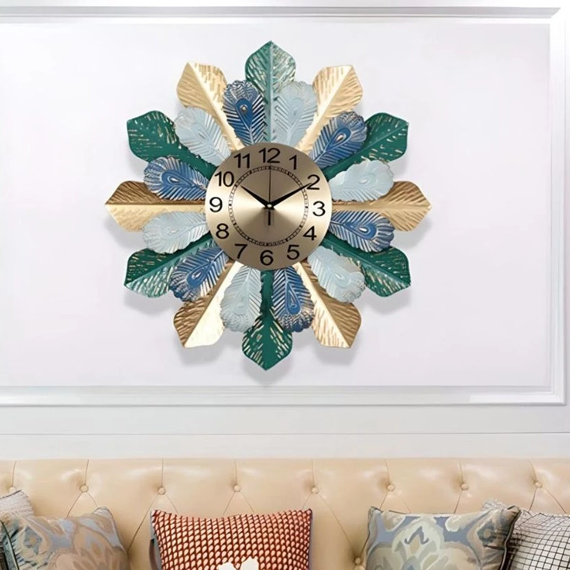 AK Brass Large Leaf Wall Clock with Nordic Multicolor Art Design Wall Clocks