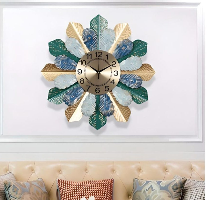 AK Brass Large Leaf Wall Clock with Nordic Multicolor Art Design