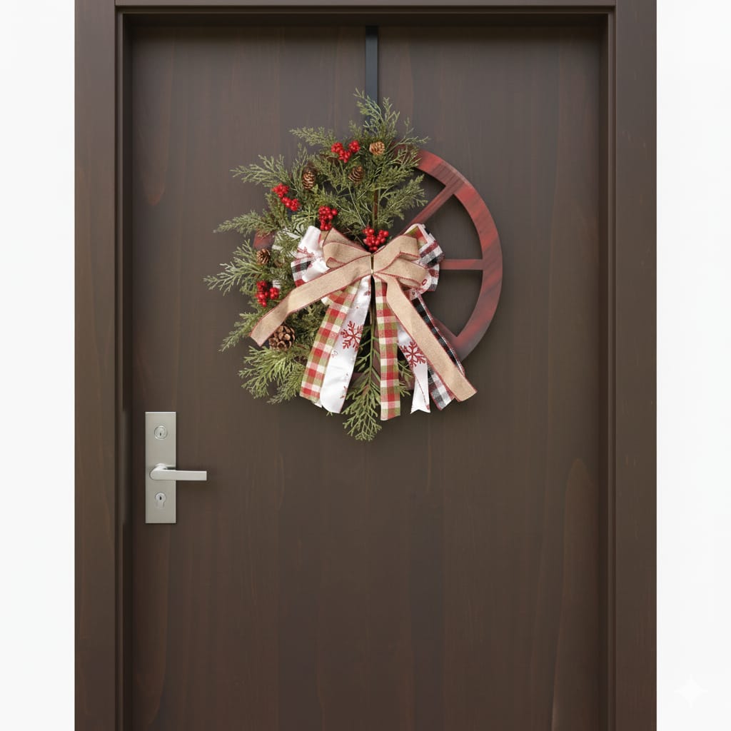 40cm Christmas Rustic Wagon Wheel Wreath – Festive Red, Green & Natural Tones