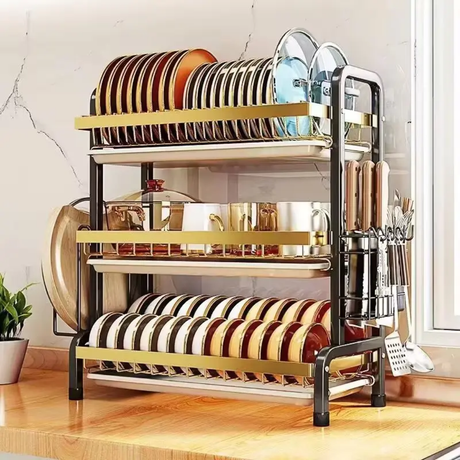 Metal Gold 3 Layer Dish Rack XY6457 with Drain Tray for Kitchen Organization Special Offer- Furaha Finds Kenya