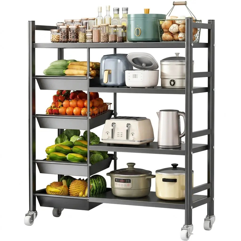 Metallic Kitchen Rack With 4 Removable Baskets Busy Kitchens Storage & Organization