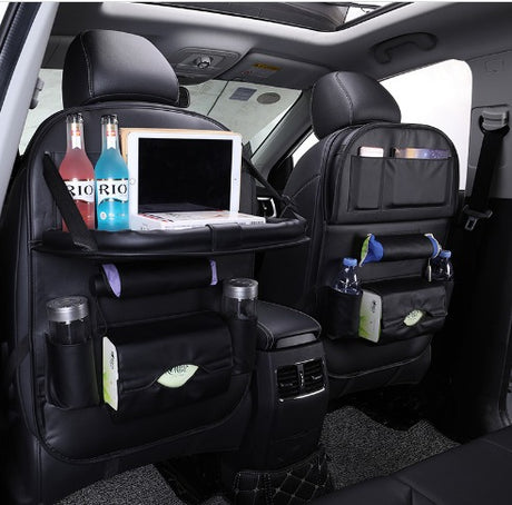 Leather Car Back Seat Organizer Waterproof, Foldable Tray & Multiple Pockets Heavy-Duty Travel Storage Solution.