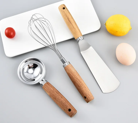 Stainless Steel Kitchen Accessories with Wooden Handles–Whisk, Spatula, Ice Cream Scoop- Furaha Finds Kenya