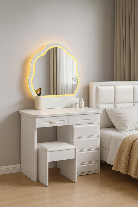 Modern White LED Mirror Dressing Table with Drawers and Padded Stool