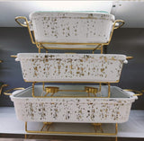 3pcs White Gold Ceramic Chafing Dish Set 3.5L, 2.5L, and 1.8L Elegant Food Warmers