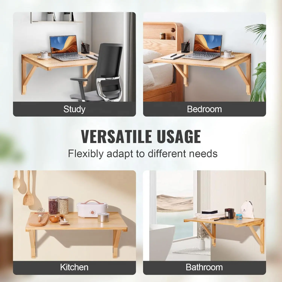 Wall Mounted Foldable Bamboo Wooden Table Space Saving Desk 60x40cm