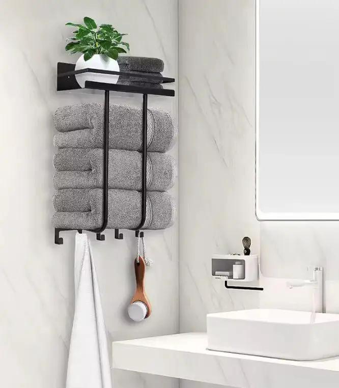 Wall Mounted Towel Rack 3-Slot Rolled Towel Holder Top Shelf 5 Hooks Matte Black Home & Garden Towel Racks