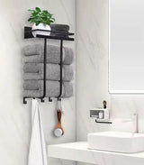 Wall Mounted Towel Rack 3-Slot Rolled Towel Holder Top Shelf 5 Hooks Matte Black Home & Garden Towel Racks
