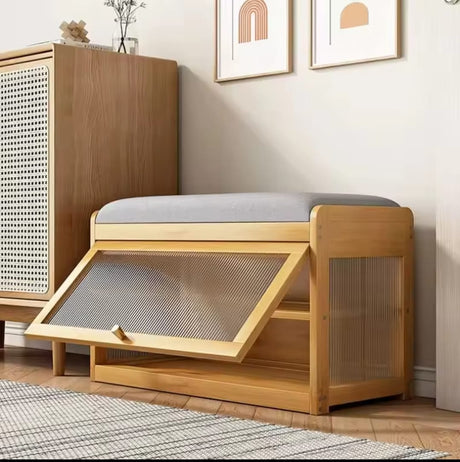 Wooden Stool with Built-In Shoe Cabinet Space-Saving Entryway Organizer
