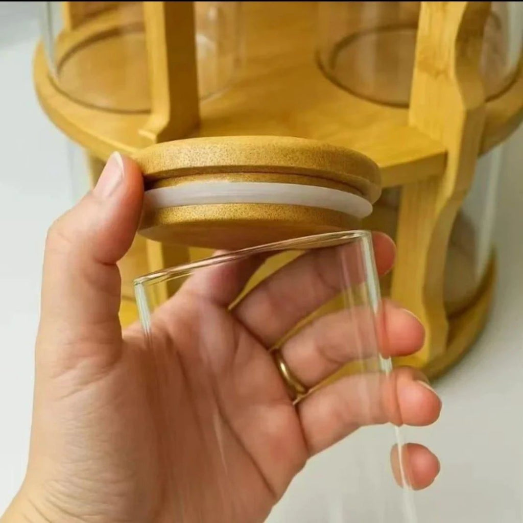 10pcs 360 Bamboo Rotating Spice Jar Set – 300ml Glass Jars with Rotatable Rack Uncategorized