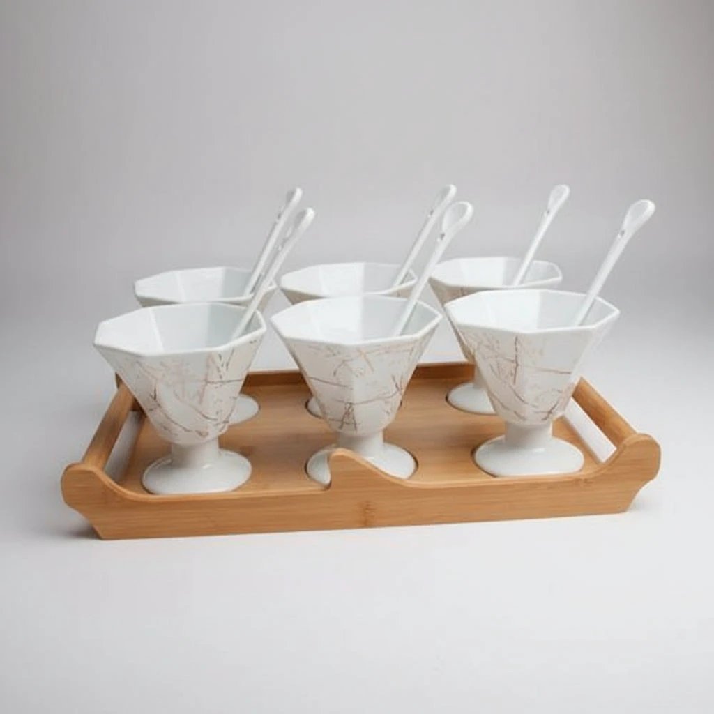 Ice Cream Ceramic Cups with Bamboo Base Kitchen and dining