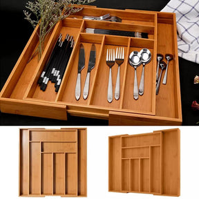 Multifunctional Big Bamboo Expandable Wooden Cutlery Drawer Organizer – Adjustable Kitchen Storage Tray (35 x 29 x 4.5cm) Flatware Trays