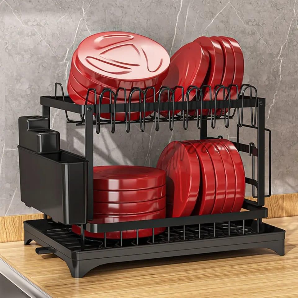 Classy High Quality 2 Tier Dish Rack with Chopping Board Rack and Spoon Holder – Black