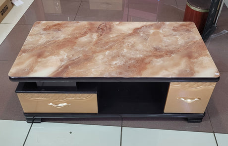 Glass-Top Coffee Table with Dual Drawers – Brown Marble-Finish Living Room Table