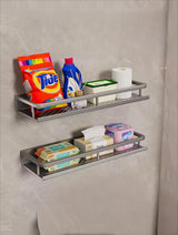 Bathroom Wall Shelf with Towel Bar – Matte Grey, Rustproof & Adhesive Mount