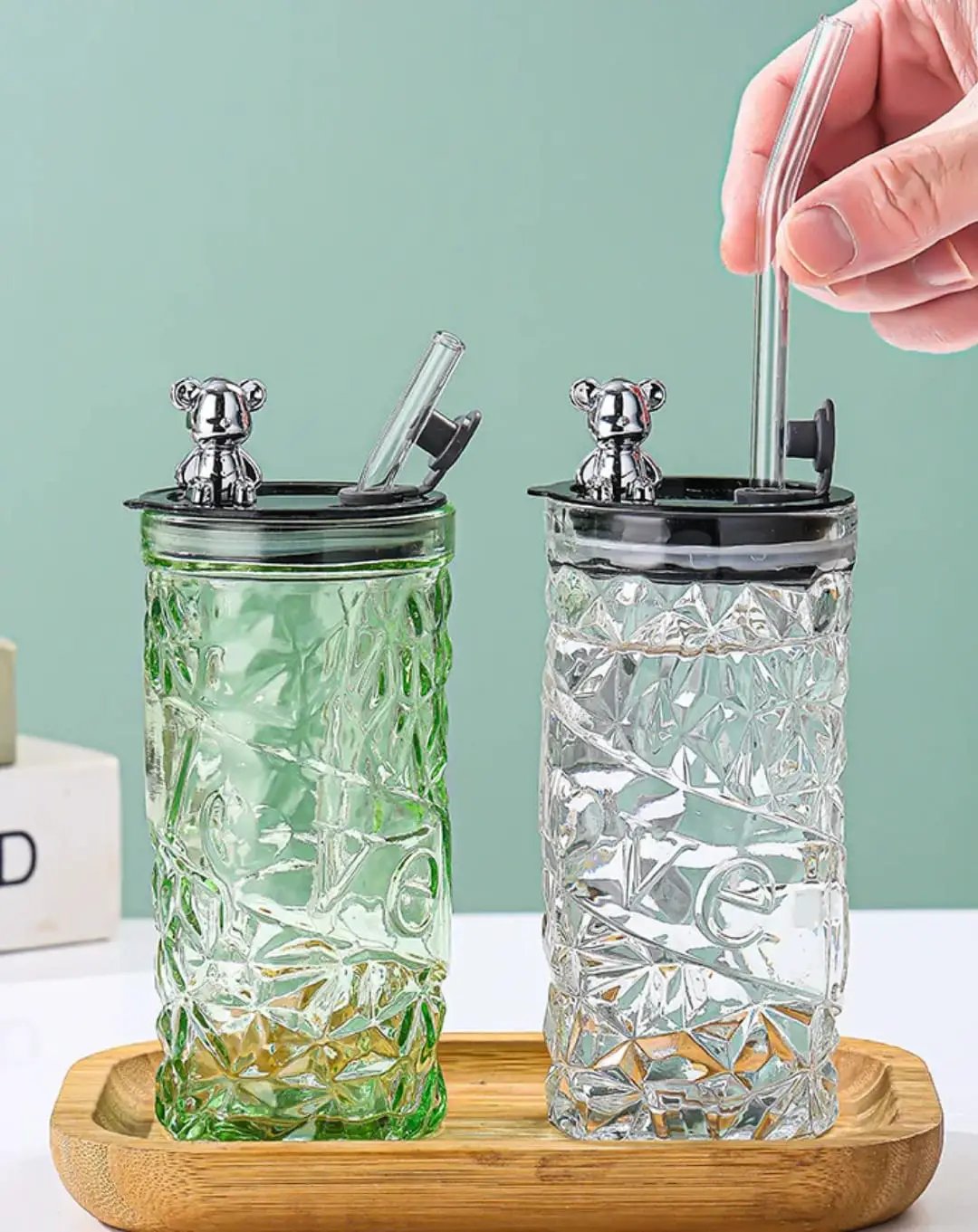 Diamond Bear Borosilicate Glass Tumbler with Glass Straw Borosilicate Tumbler Tumblers