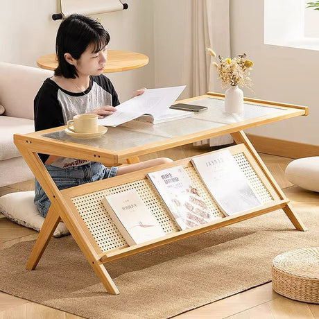 Rattan Coffee Table with Storage Shelf Elegant Living Room Centerpiece
