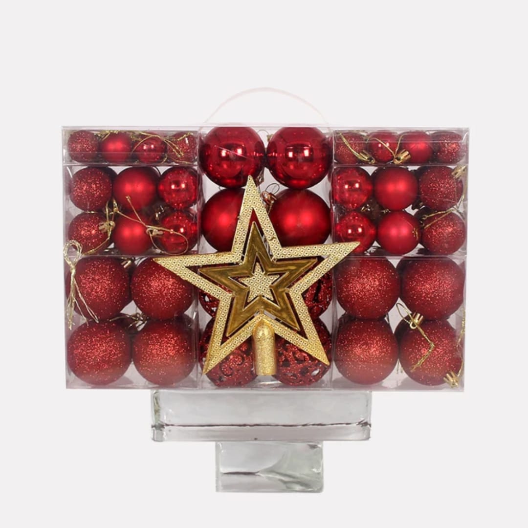 101 Pcs Christmas Tree Decor Balls Set with Star Topper – Red & Gold