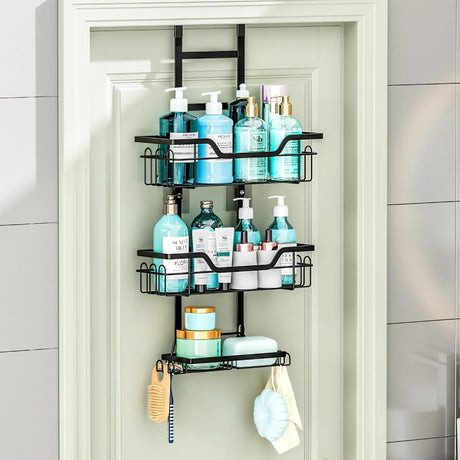 Drill-Free Over-Door Bathroom Shelf Organizer with Wall-Mounted Basket Racks