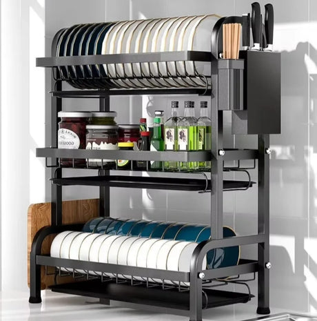 3-Layer Advanced Dish Rack – Heavy Duty Black Kitchen Organizer