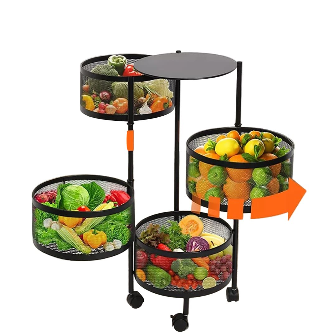 4-Tier Round Rotating Fruit and Vegetable Rack with Wheels