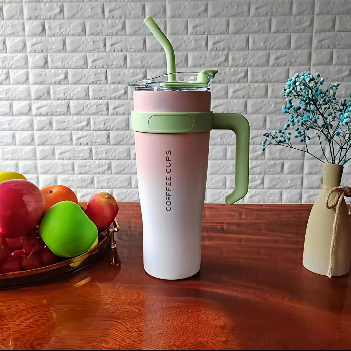 Insulated Stainless Steel Tumbler Mug with Handle and Straw