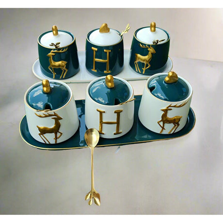 Luxurious Sugar/Spice Dish Set – 3 Jars with Tray and Gold Spoons- Furaha Finds Kenya