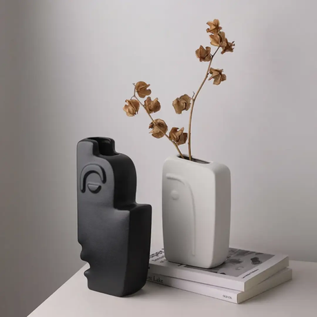 Dual Muse Abstract Face Ceramic Vase Set Charcoal Grey White Set of 2 Home & Garden Vases
