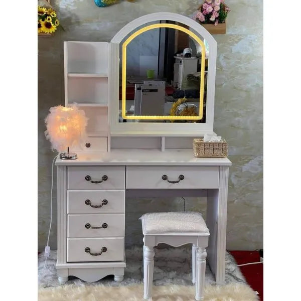Elegant Wooden Dressing Table with LED Mirror and Storage Drawers