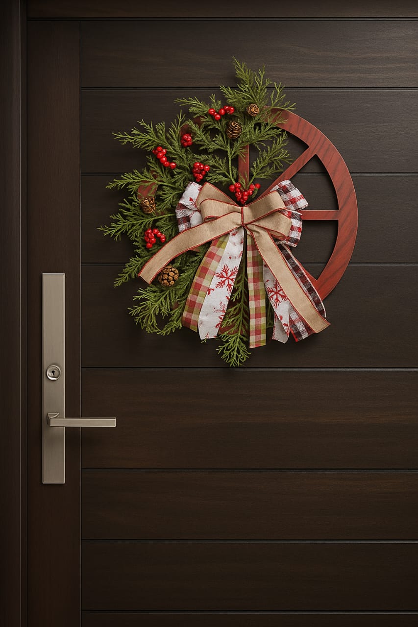 40cm Christmas Rustic Wagon Wheel Wreath – Festive Red, Green & Natural Tones