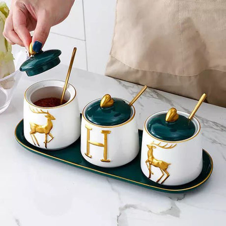 Luxurious Sugar/Spice Dish Set – 3 Jars with Tray and Gold Spoons- Furaha Finds Kenya