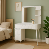 White Modern Dressing Table with Mirror Storage Drawers & Open Shelves for Makeup & Accessories