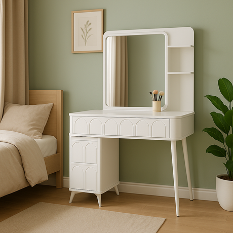 White Modern Dressing Table with Mirror Storage Drawers & Open Shelves for Makeup & Accessories