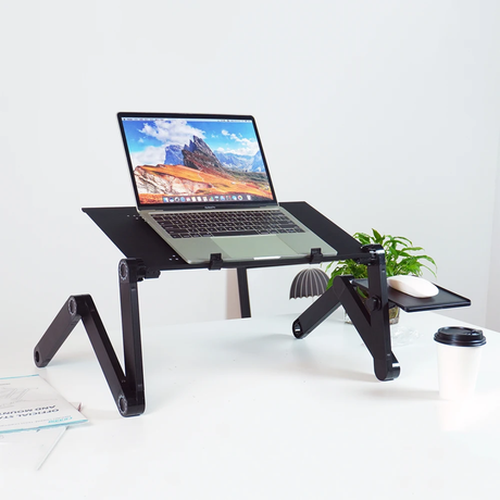 Foldable Metallic Laptop Stand with Mouse Pad and Cooling Fan – Adjustable and Portable