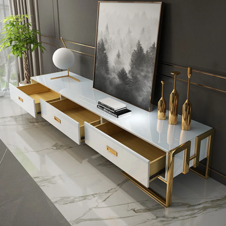 Modern Black Glass TV Stand with Gold Frame and 3Storage Drawers