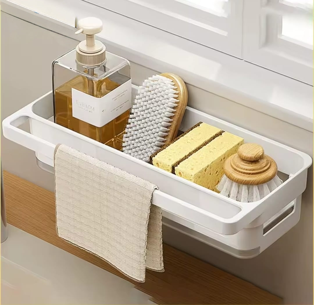 "Wall Mounted Sink Caddy Organizer with Drip Tray and Dish Cloth Hanger No Drill Rustproof Design"