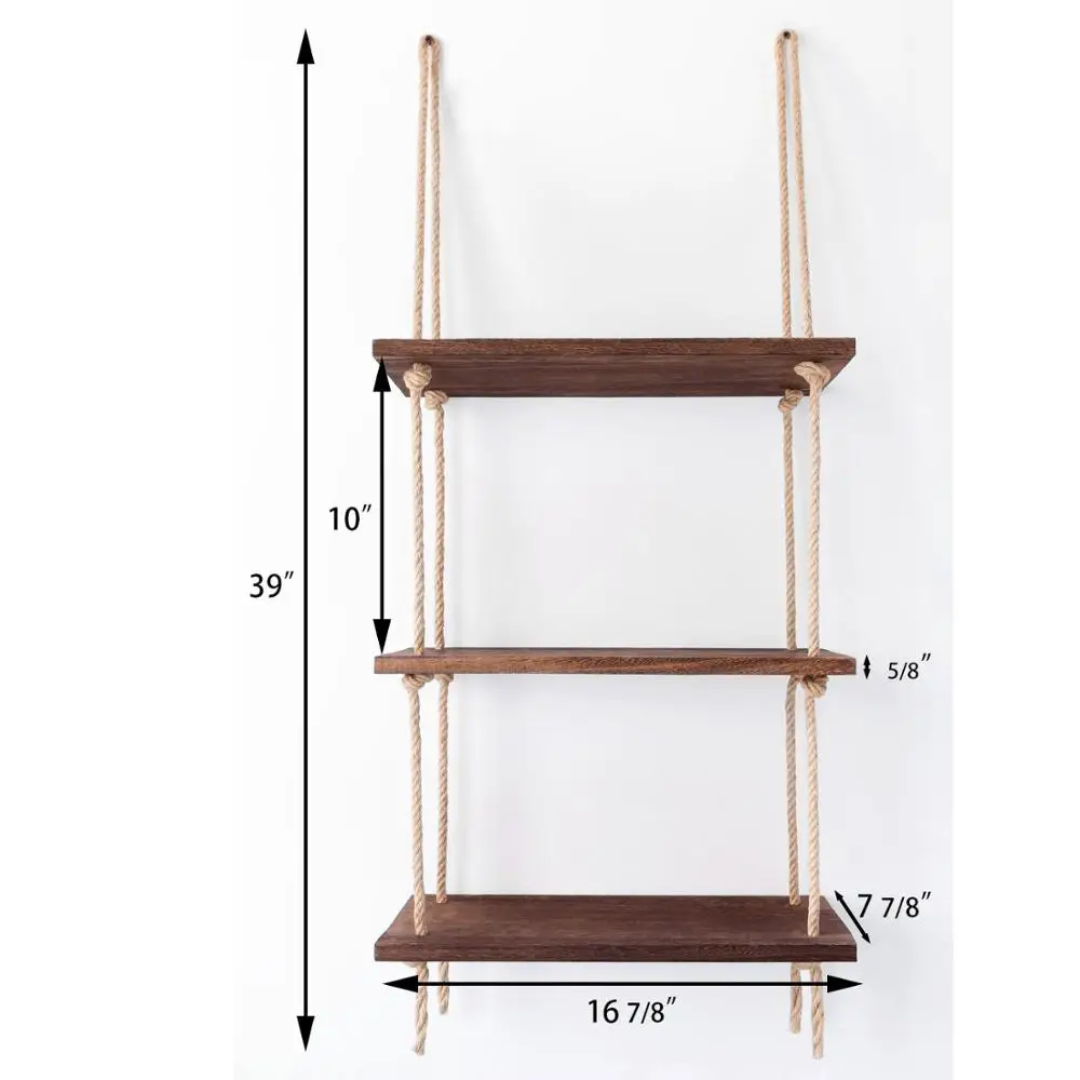 3 Tier Wooden Floating Shelf with Hanging Jute Rope Organizer Rack