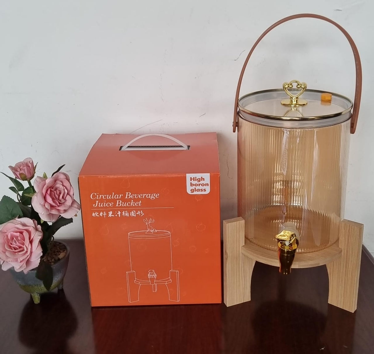 Golden Borosilicate Glass Beverage Dispenser 3.6L with Bamboo Base and Glass Lid