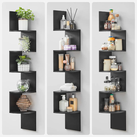 Modern Zig-Zag Wall-Mounted Corner Shelf 5-Tier Space-Saving Display Rack in Elegant Black