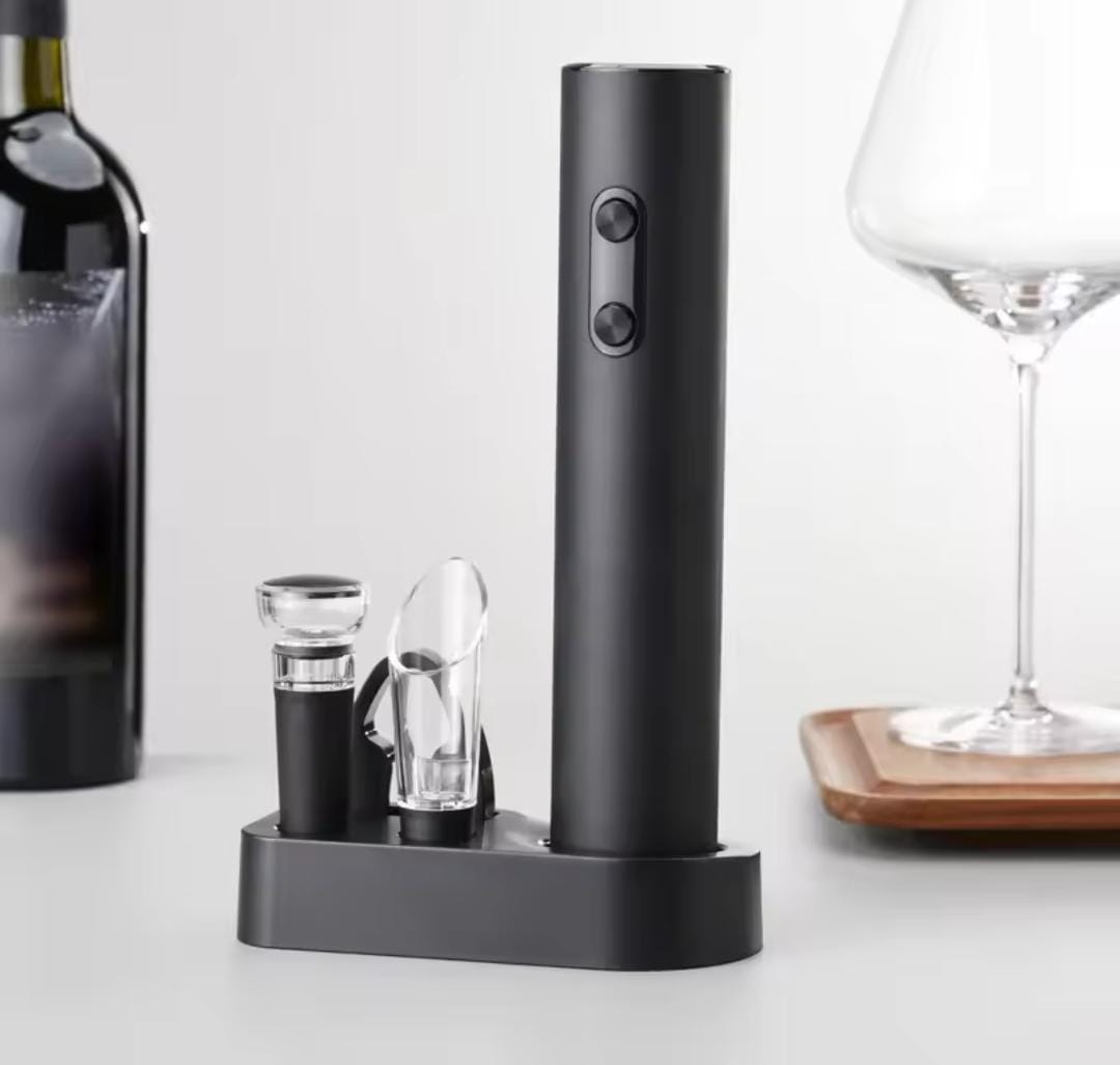 Electric Wine Opener Set with Foil Cutter, Pourer & Stopper – Battery Operated with Base- Furaha Finds Kenya