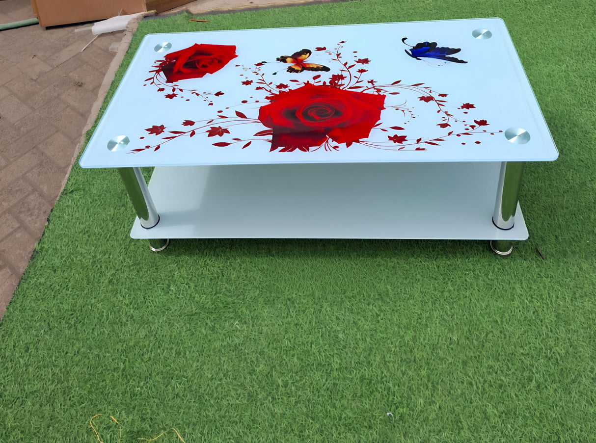 Modern Black Floral Glass Coffee Table with Chrome Legs