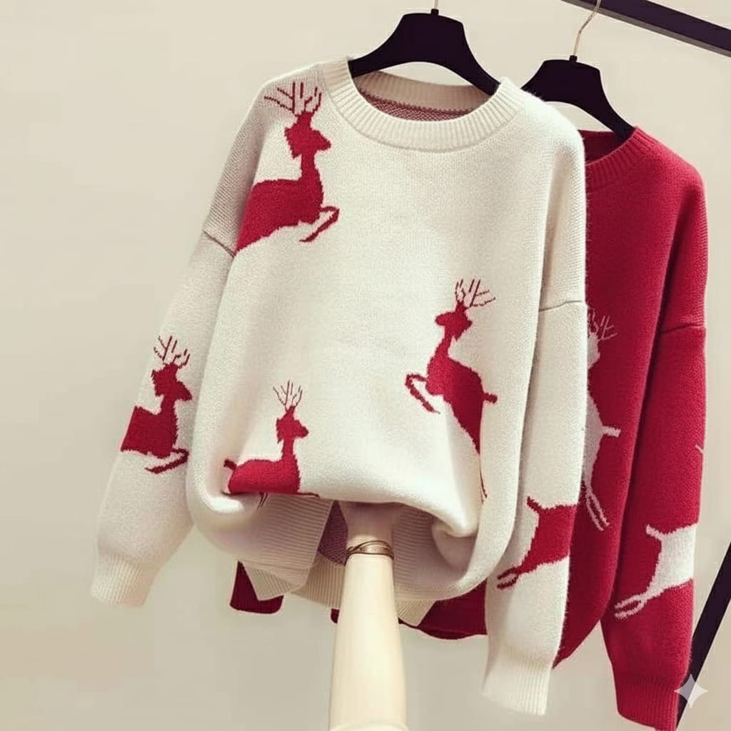 Reindeer Christmas Sweater – Red & White Festive Knitwear