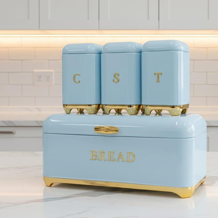 Nordic Bread Bin with 3-Canister Set Gold Bread bin and Canister set Food Storage Containers