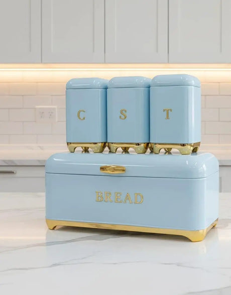 Nordic Bread Bin with 3-Canister Set Gold Bread bin and Canister set Food Storage Containers