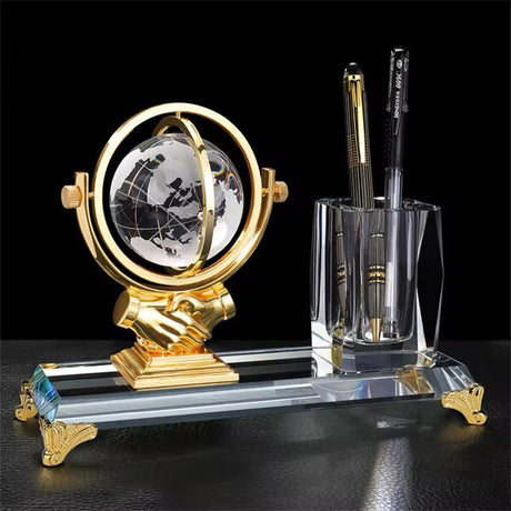 Metal Eagle with Globe Desktop Gift and Crystal Pen Holder Set