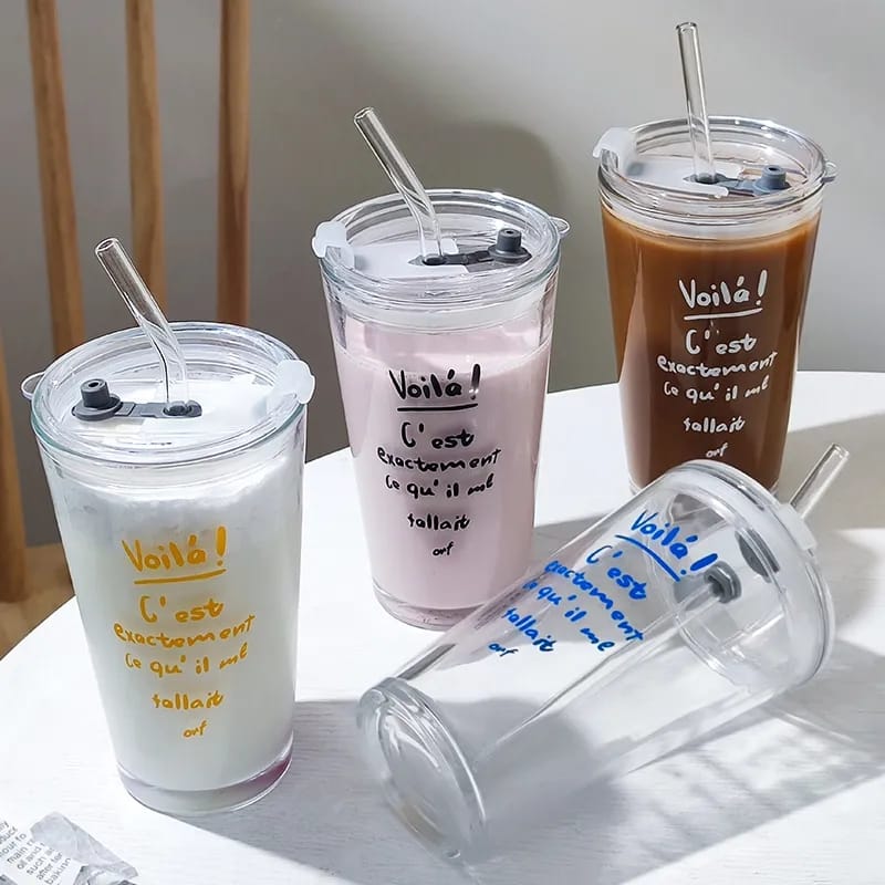 Round Transparent Borosilicate Drinking Glass Cup/Tumbler with lid + Straw.