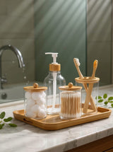 4pcs Bamboo Bathroom Accessories Set with Soap Dispenser and Toothbrush Holder