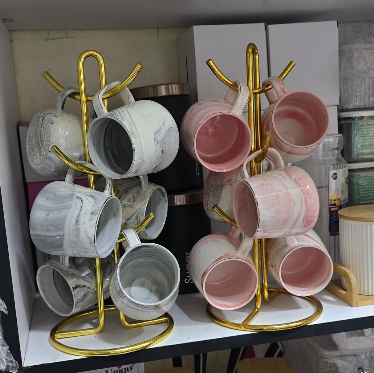 Marble Effect Ceramic Pearl Cups with Golden Rim – 400ml, Grey and Pink- Furaha Finds Kenya